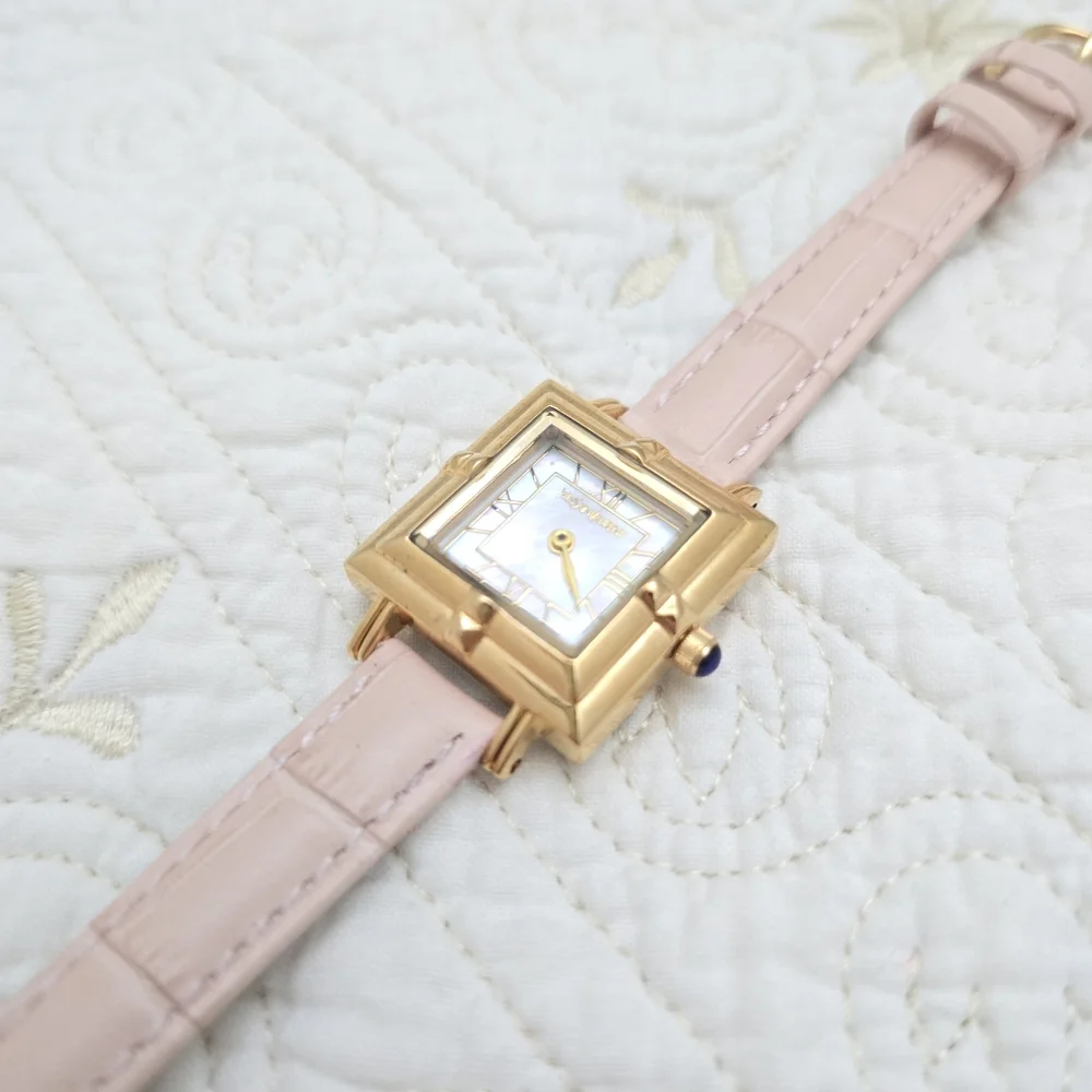 YSL Yves Saint Laurent Tank Watch 23mm Case Art Deco Mother of Pearl Pink Strap - Picture 6 of 11